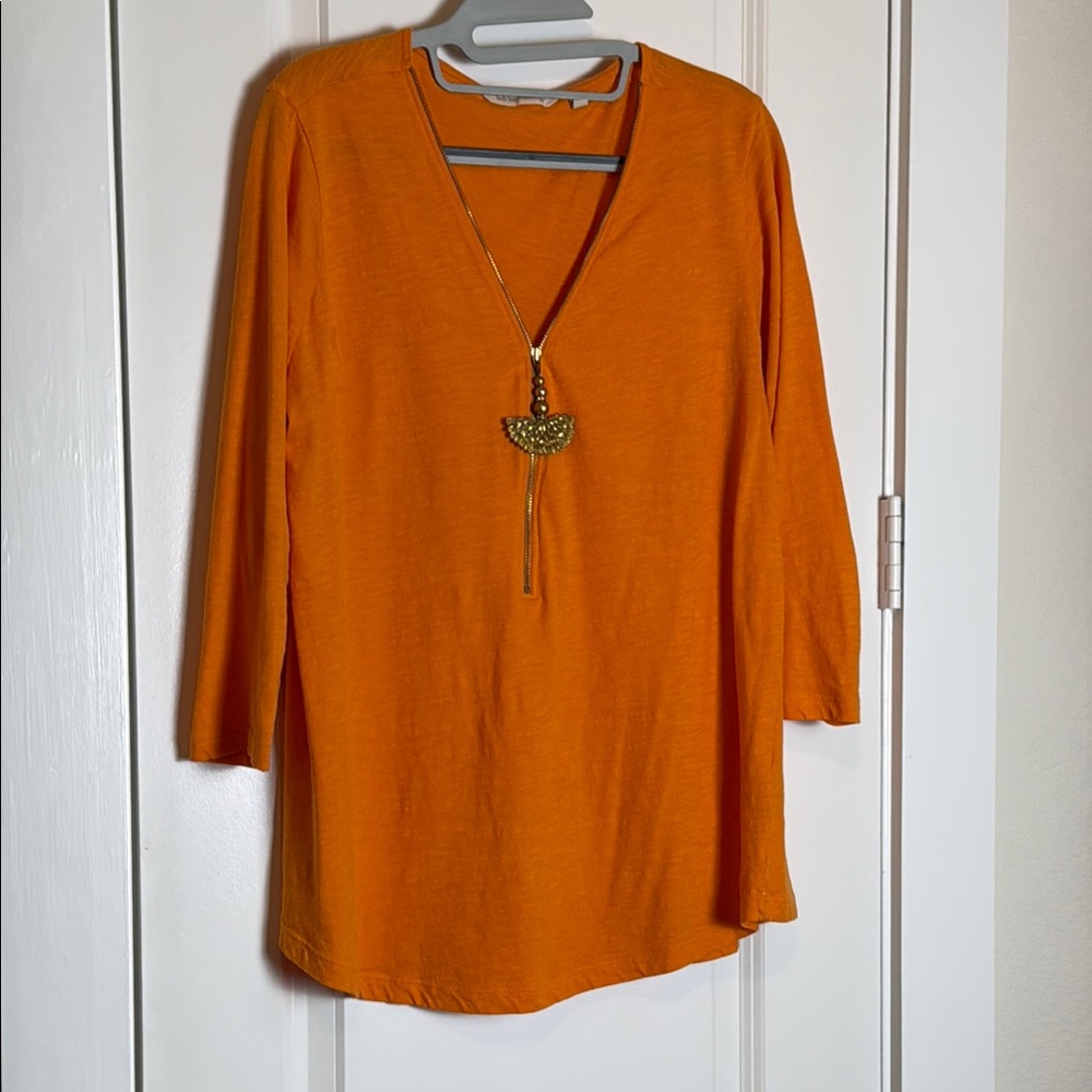 Soft Surroundings Orange Tunic with zipper medallion Accent